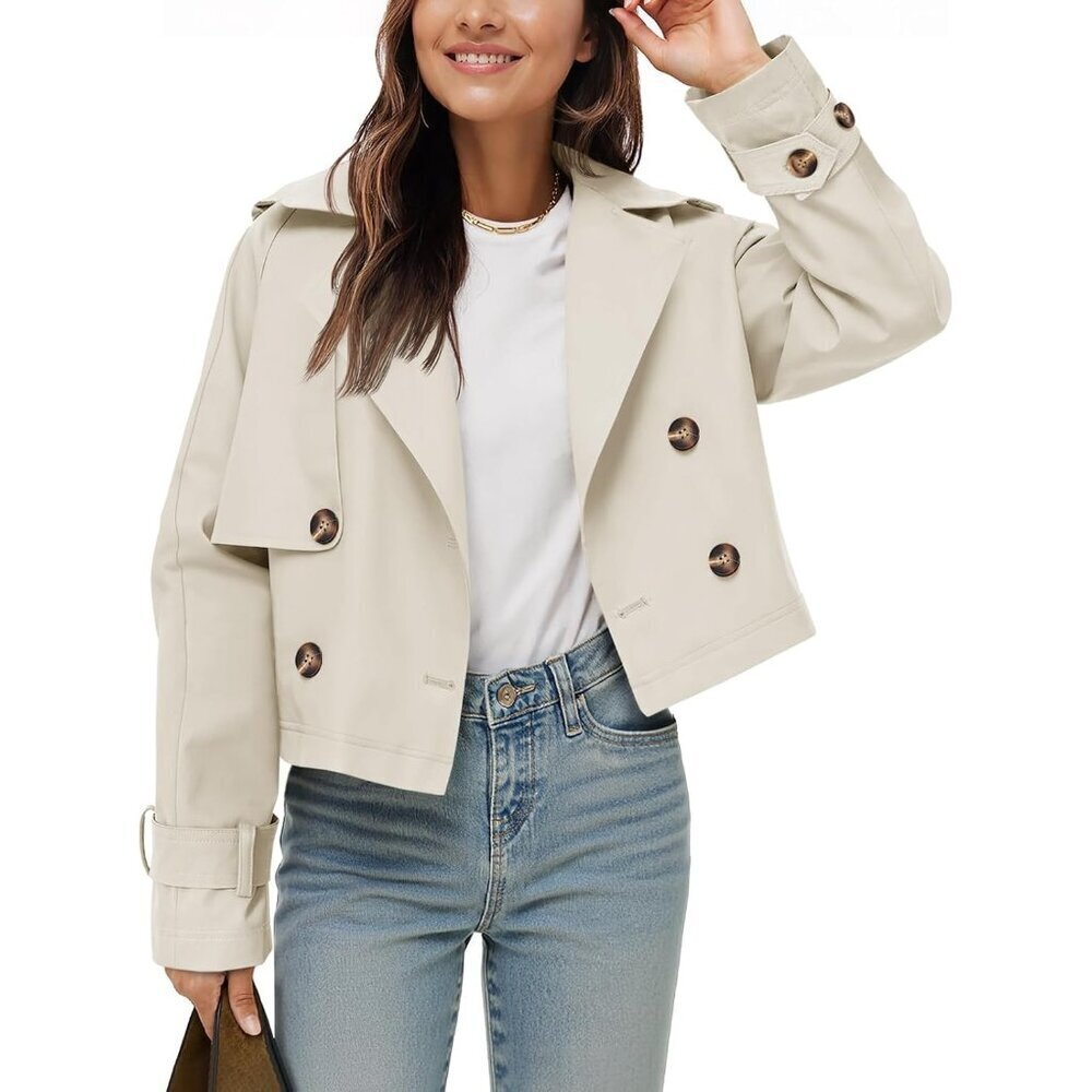 Women's Off-white Cropped Trench Coat Lapel Double Breasted Short Jacket Outwear